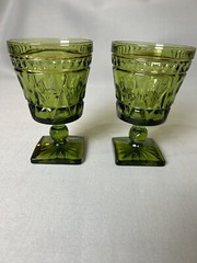 Vintage Indiana Glass Mount Vernon Olive Green Water Wine Goblets Set Of 2
