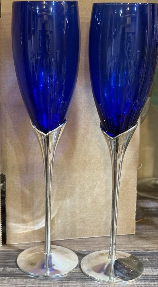 International Silver Champagne Flutes Silver Plated Stems 10″ Blue Silverplate