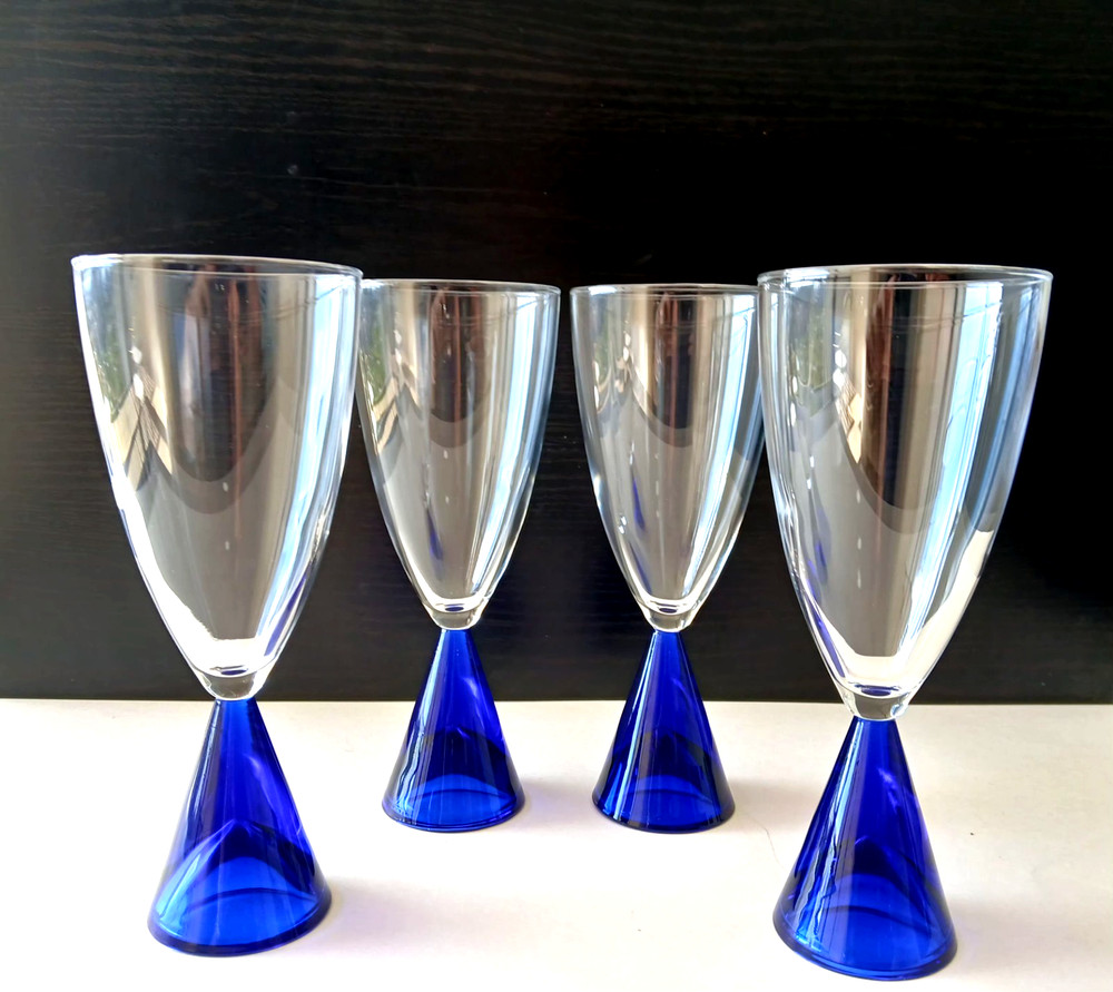 Set of 4 EON BLUE Sasaki Japan Glass COBALT Stem Base Clear Bowl Water Goblets