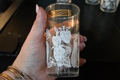 8 VTG Federal WH Painted Fruit goldtrim Glasses Tumblers&Caddy wire Gold handle