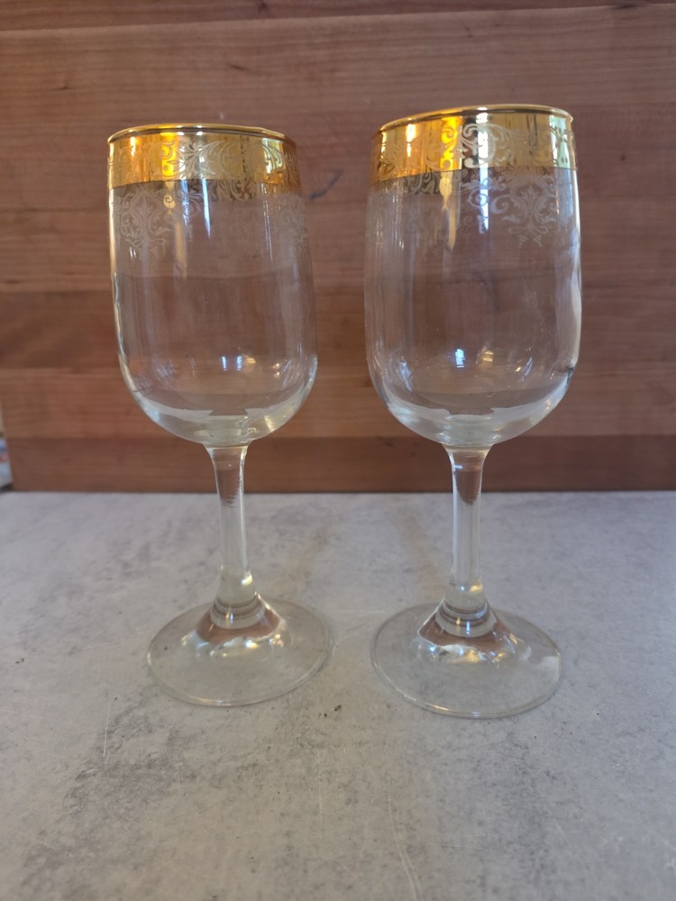 Cellini 24K GOLD Trim Etched Blown Crystal Wine Glasses Set of 2