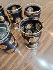 Cera Glass Co. 8 Barware Hi-ball glasses black Textured w/gold seal coins