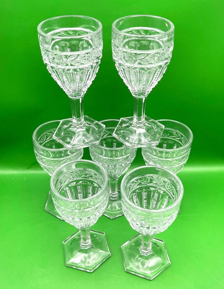 Vintage Cut Glass Cordial Sherry Goblet Glasses Hexagonal Base Floral Set of 7