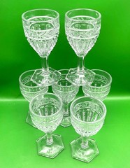 Vintage Cut Glass Cordial Sherry Goblet Glasses Hexagonal Base Floral Set of 7