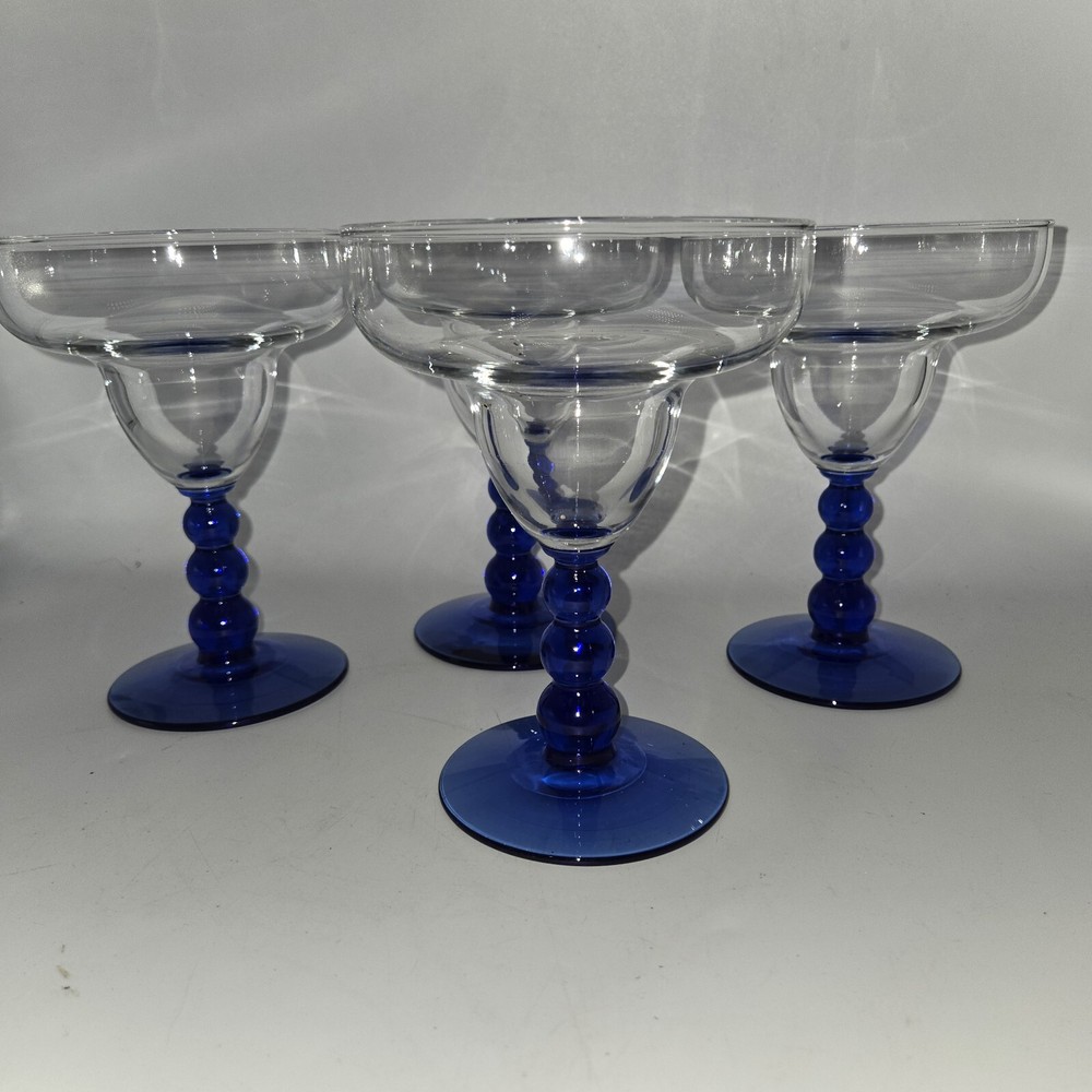 BLUE MARGARITA GLASS LIBBEY METROPOLIS COBALT BALL STEMS Lot Of 4