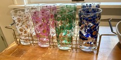 Vintage SET of 8 Fred Press MCM Floral Multicolor Highball Glasses with tray