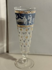 Cup Goblet Cera Greek Etruscan Frieze Blue Glass Gold Vintage Barware Glass