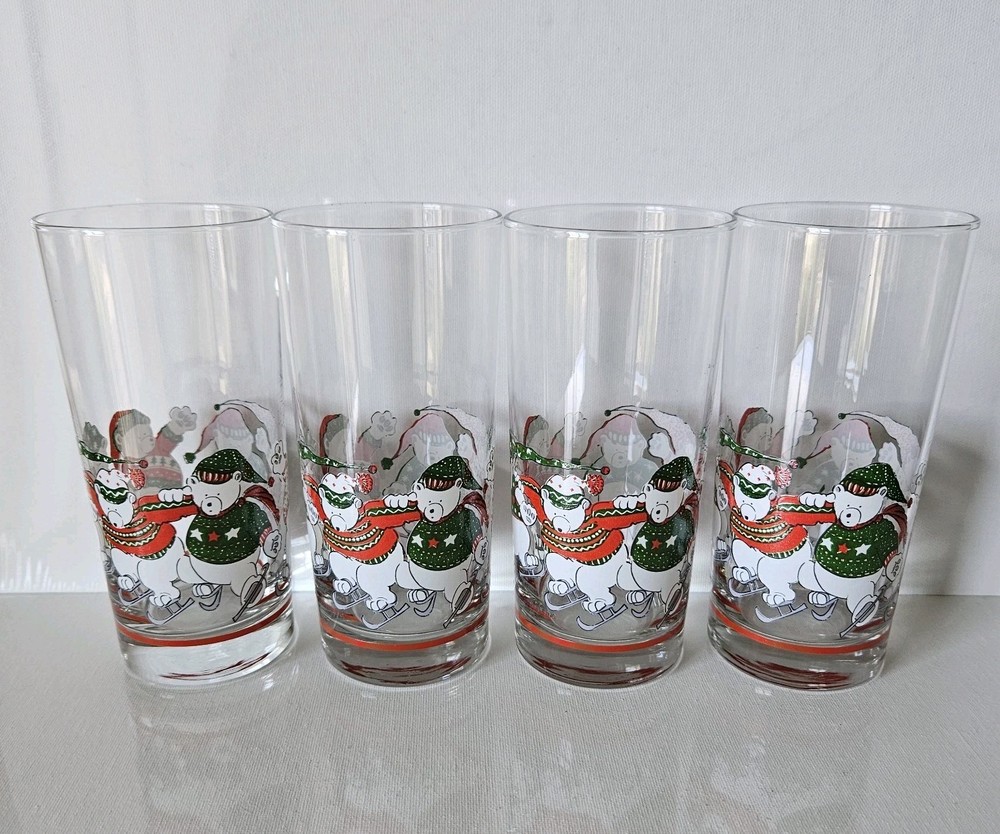 4 Highball Christmas Glasses Tumblers Skating Polar Bears Vintage 6.25″