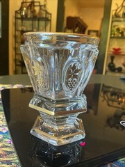 Antique Pair 4” Bohemian Czech Hexagonal Glass Goblets w/Gilded Grape & Vine