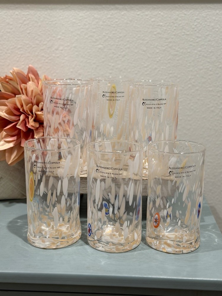 Alessandro Coppola Murano Art Glass Peach/White Confetti Tumblers Set 6 Italy