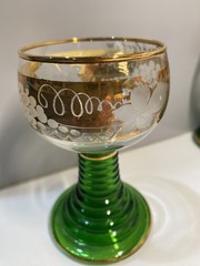 6-VTG Roemer German Wine Glasses Beehive Stem Green/Gold Gilded Etched Frankfurt