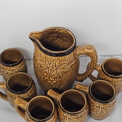 Vintage Grape Relief Pitcher Set with 6 Barrel Mugs Hand Painted Made in Japan
