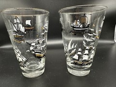 set of 2 MCM sailing ships with gold detail barware tumbler glasses