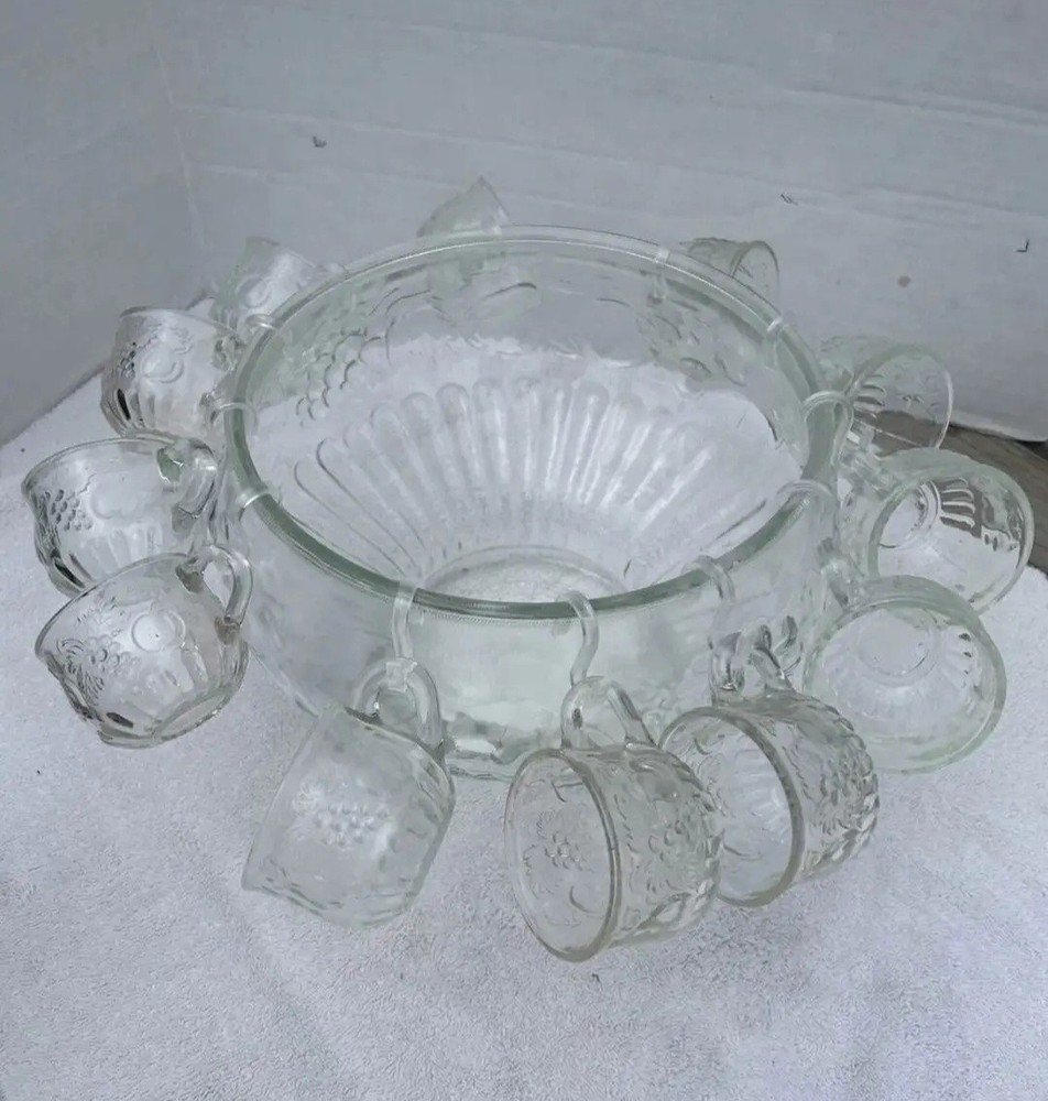 Mid-Century Jeannette 26 Piece Punch Bowl Set, 8.5 Qt Round Bowl, Cups, Hooks