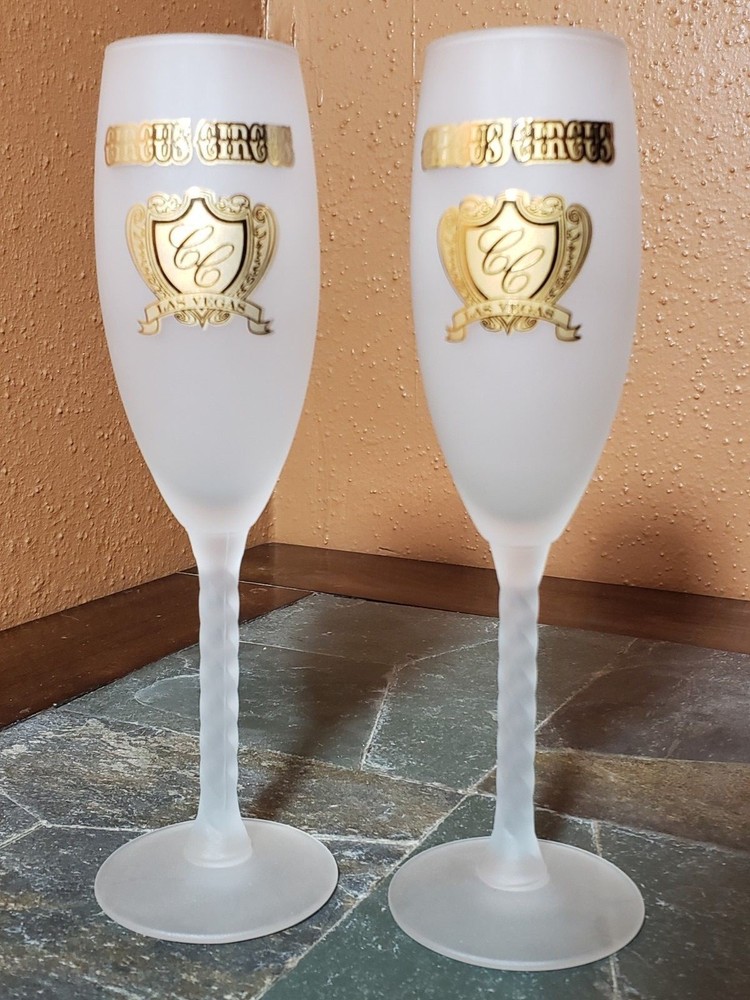 Circus Circus Las Vegas Casino Fluted Champagne Glasses Goblets Frosted