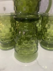 Vintage Indiana Whitehall Avocado Green Cubist Set Pitcher and 5 Glasses