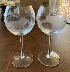 2 Royal Danube African Safari Animals Etched Wine Goblets Lion & Elephant 8 3/8”
