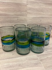 Set of 6 Hand Blown Turquoise & Green Swirled Tumbler Glass 5.5 inches Tall