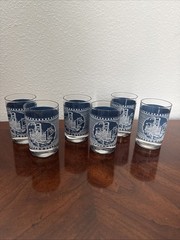 Set of 6 Currier & Ives Blue and White Juice Glasses Steamboat – 4 ounces