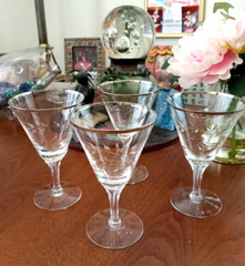 4 VTG Fostoria CRYSTAL WATER / WINE GLASS Bridal Belle PLATINUM RIM Etched USA
