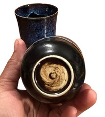 Set of 2 Blue Black Ceramic Art Pottery Tumblers Round Drinking Cups