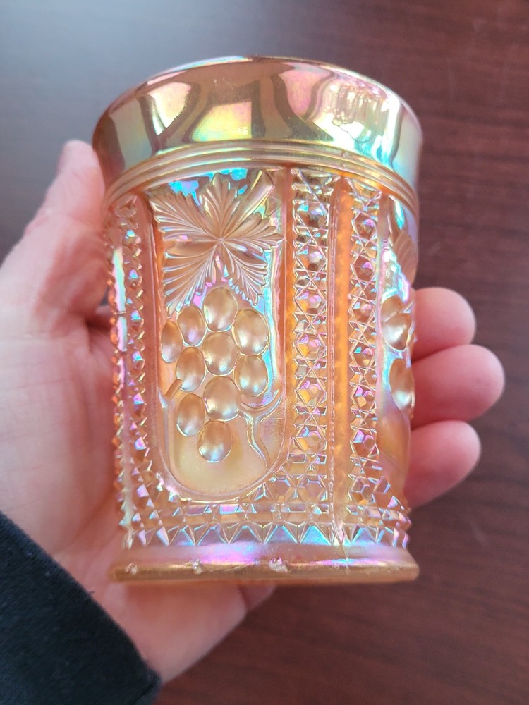 Electric Marigold Intaglio Cherry Terry Crider Art Glass Carnival Glass Tumbler