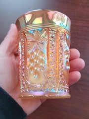 Electric Marigold Intaglio Cherry Terry Crider Art Glass Carnival Glass Tumbler