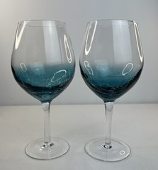 Pier 1 Crackle Teal Blue Balloon Red Wine Glasses Goblets, x2