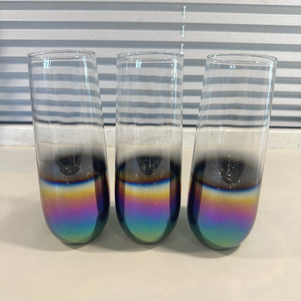 Lot 3 Vintage Skinny Glasses Wildly Iridescent Iridescence Retro Chic Champagne