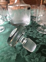 Toscany Etched Clipper Ship Decanter w/ Stopper & 6 Footed Whiskey Rocks Glasses