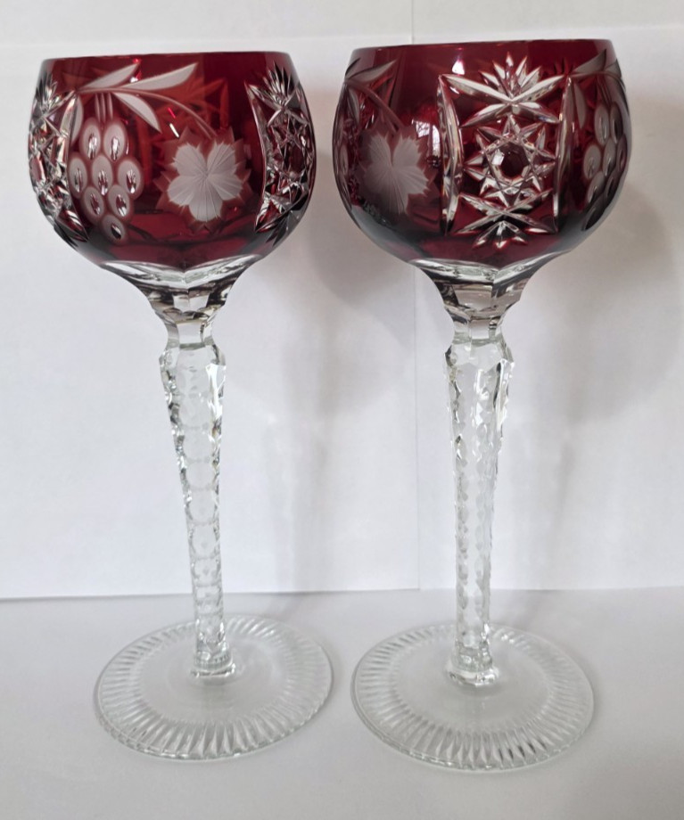 Pair of AJKA MARSALA Ruby Red Cut To Clear 24% PBO Crystal Hock Wine Glasses