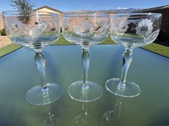 3 W.J. Hughes Cornflower Cordial Crystal Etched Cordials Sherry Glasses Vintage