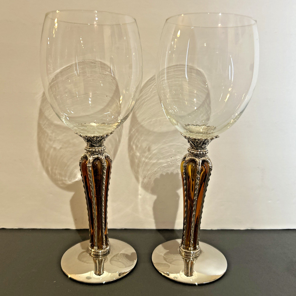 Godinger-Style Amber Stem Wine Goblets – Metal & Glass Stemware Vintage Set of 2