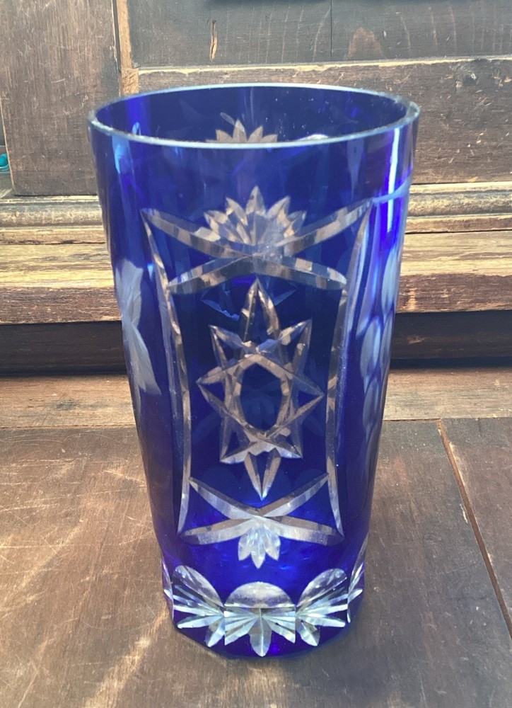 SAPPHIRE CZECH CUT TO CLEAR CRYSTAL TUMBLER 6” tall by 3” diameter