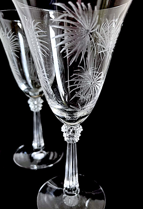 2x Fostoria LIDO glass WATER GOBLETS scepter stem 6017 PALM LEAVES etch 329