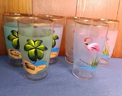 VTG. FLAMINGO PALM TREES FROSTED GLASSES 6 TUMBLERS Fort Lauderdale FLORIDA MCM