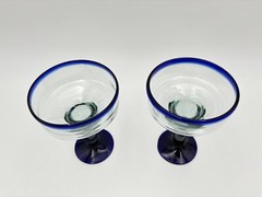 2 Mexican Hand Blown Margarita Glasses Blue Rim Cobalt Cocktail Glassware Bar