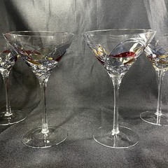 4 Artland Helios Martini Glasses Hand Painted Red Blue Gold Blown Glass 7 3/4”