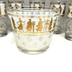 MCM Gold Grecian Goddess Design Glass Ice Bucket & 7 Highball Glasses Aldon