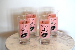 Set of 4 unique vintage pink and black screenprint highball glasses, music motif