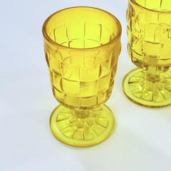 Vintage 1960s Viking Glass 4 Glasses & Bowl Yellow Cadmium UV Basket Weave