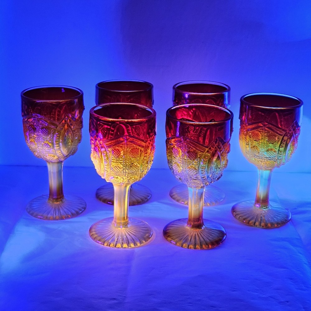 Set of 6 Vintage Viking UV Glow Amberina Glass Aperitif Cordial Goblets Glowy