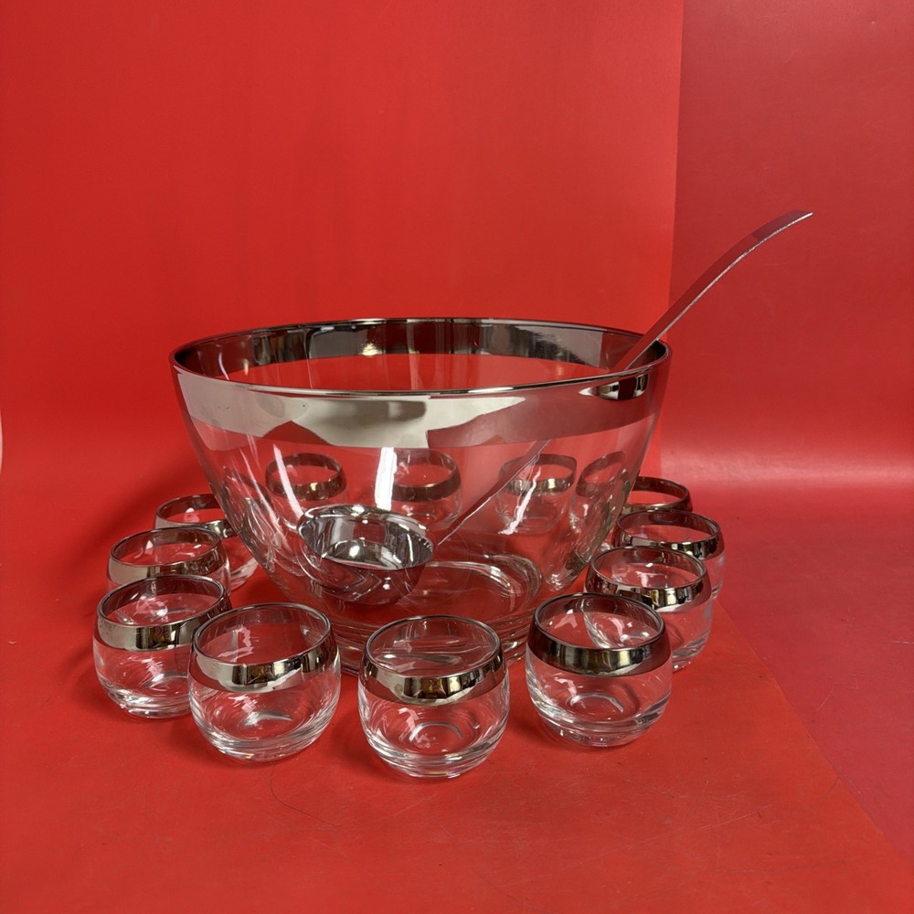 DOROTHY THORPE MID CENTURY MODERN PUNCH BOWL With 12 ROLY POLY GLASSES 1960s MCM