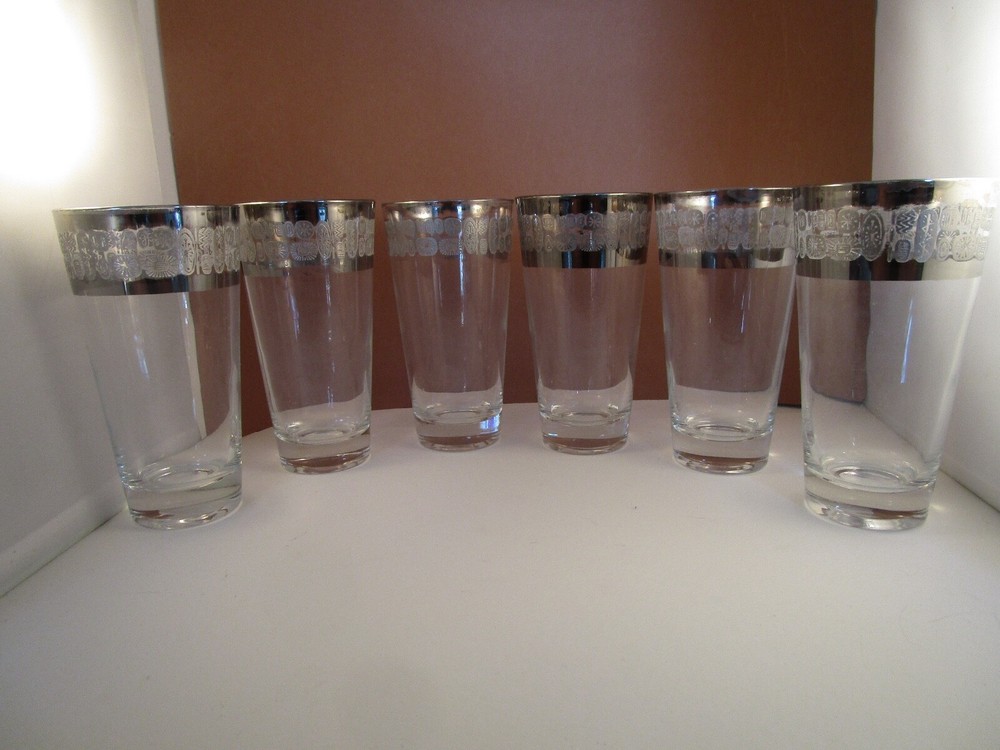 Vintage Set of 6 Clear Glass Silver Rim Cooler Drinking Glasses Tumblers