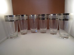Vintage Set of 6 Clear Glass Silver Rim Cooler Drinking Glasses Tumblers