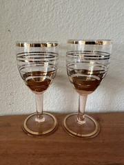 Vintage Set of 2 Footed Shot Goblets Toasting Glasses Clear Brown Gold