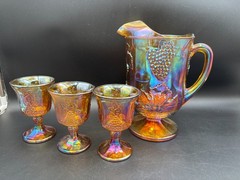 4 Piece Set~ Indiana «HARVEST GRAPE» Amber Carnival Glass Goblets & Pitcher