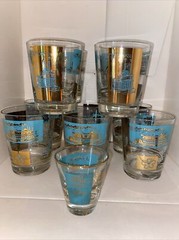 11 Libbey Gold Teal River Cruise Boat Double Old Fashion Rock Glasses & 1 Shot