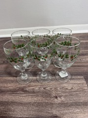 6x Libbey Greenbrier Christmas Holly Berry Vintage Glass Goblets 7″ Discontinued