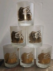 6 Vintage Culver Unicorn 22K Gold Whiskey Rocks Glasses Lowball MCM Frosted